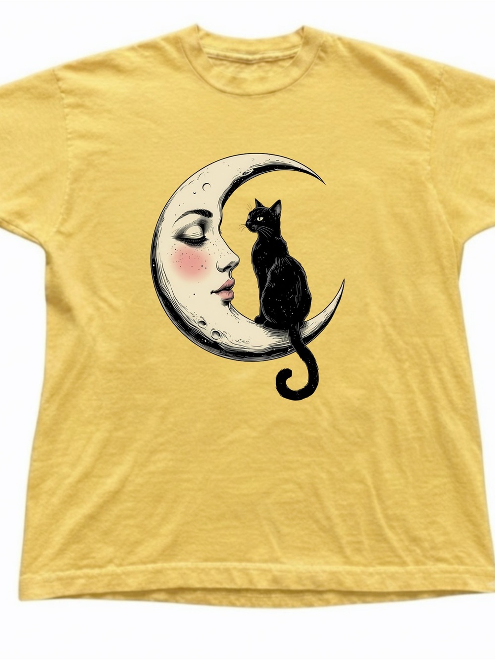 Moon Face Black Cat Graphic Tee Mustard Yellow Gildan T-Shirt